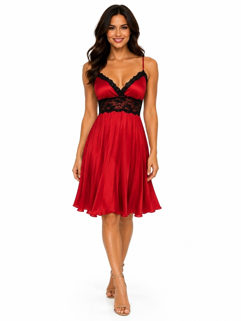 NWT, Red Pleated Cocktail Dress With Lace-Trim, Stretchy Fabric, Size M